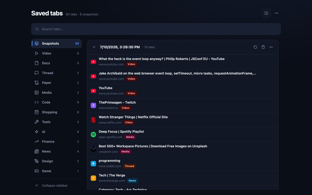 Tactify dashboard: saved tabs organized into topics with search